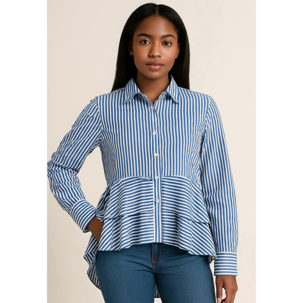 FX JC Women's Blue White Striped Peplum Collared Button Down Shirt Med High Low - Picture 1 of 13